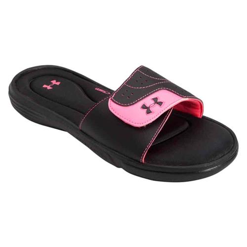 pink and black under armour slides